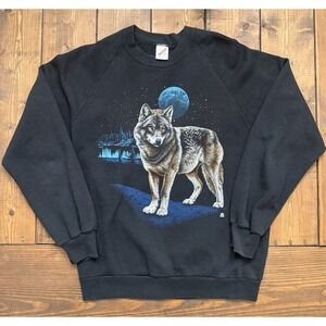 Vintage Wolf Sweatshirt Mens Size L Black 1987 Jerzees Moon Crewneck Nature USA